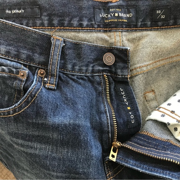 Lucky Brand 110 Skinny Mens Jeans Size 33 x 32 Dark Wash Blue Denim Zip Fly - Picture 5 of 8